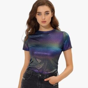 Iridescent Metallic Short Sleeve Top - Rainbow